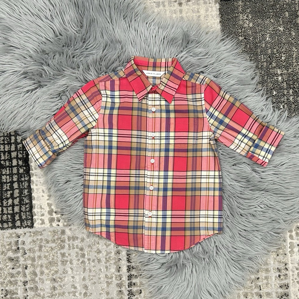 Janie & Jack Azalea Plaid Button Down‎ Roll Tab Sleeve Shirt Size 3T NWT